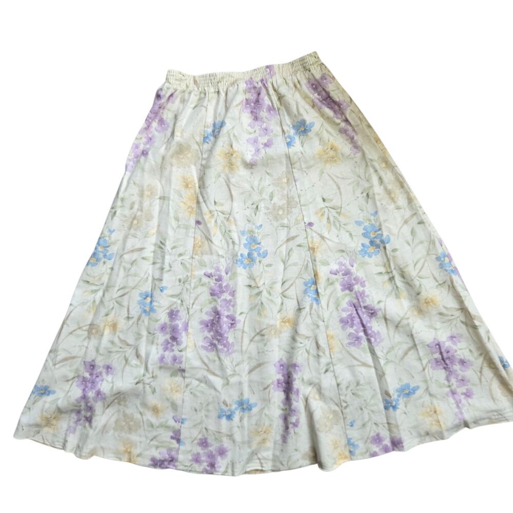 Vintage Cottage Prairie Skirt Linen Blend Floral Garden Party Midi Womens 8